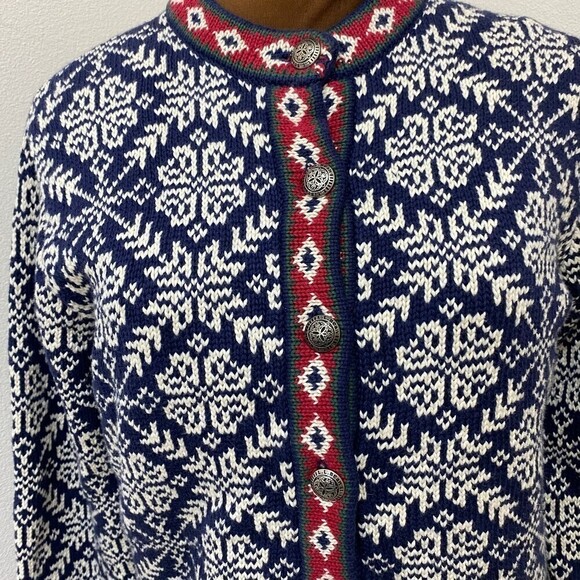 LL BEAN BEAUTIFUL HOLIDAY Nordic Blue White Snowflake Cardigan Sweater Size S - Picture 2 of 5